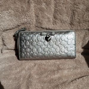 Silver Coach Leather Heart Bow Zippered Wallet